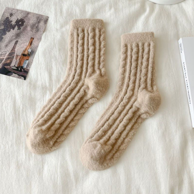 Thick Solid-color Mid-calf Cotton Socks For Women