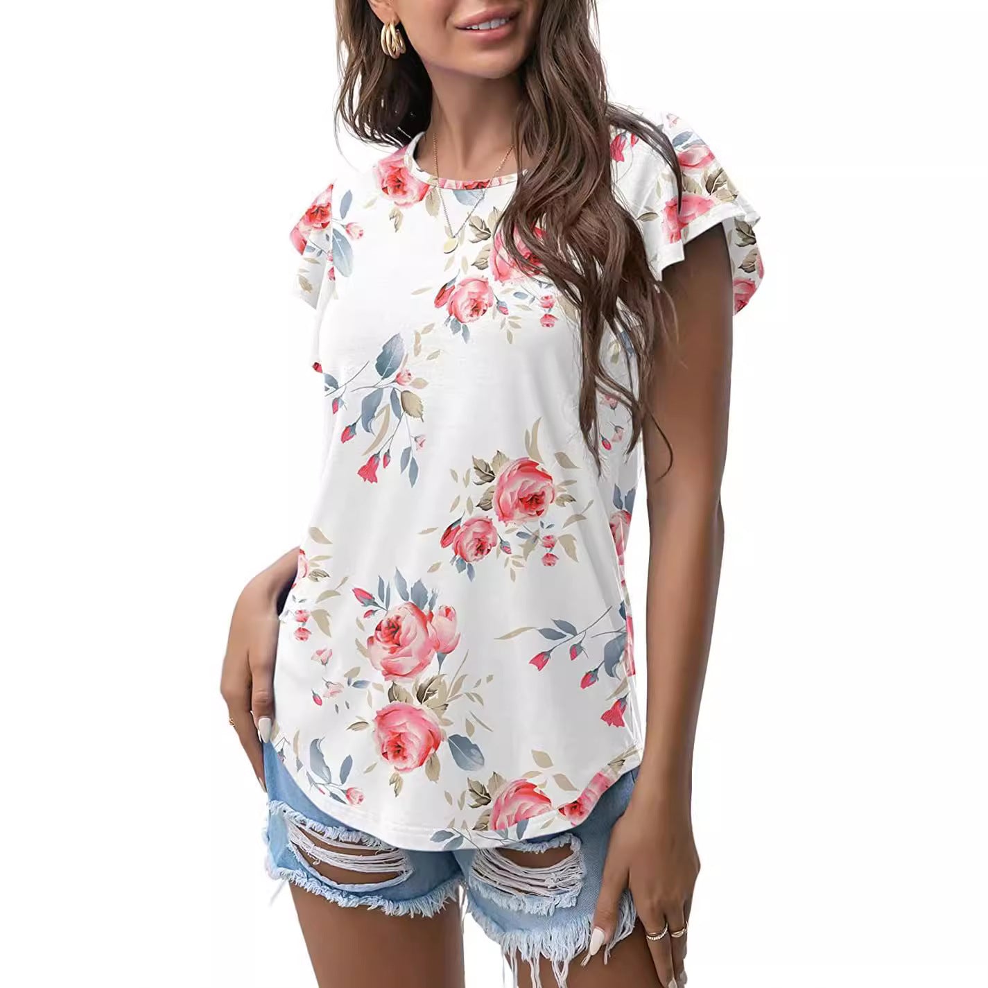 Women's Round Neck Printed Ruffled Short Sleeve T-shirt