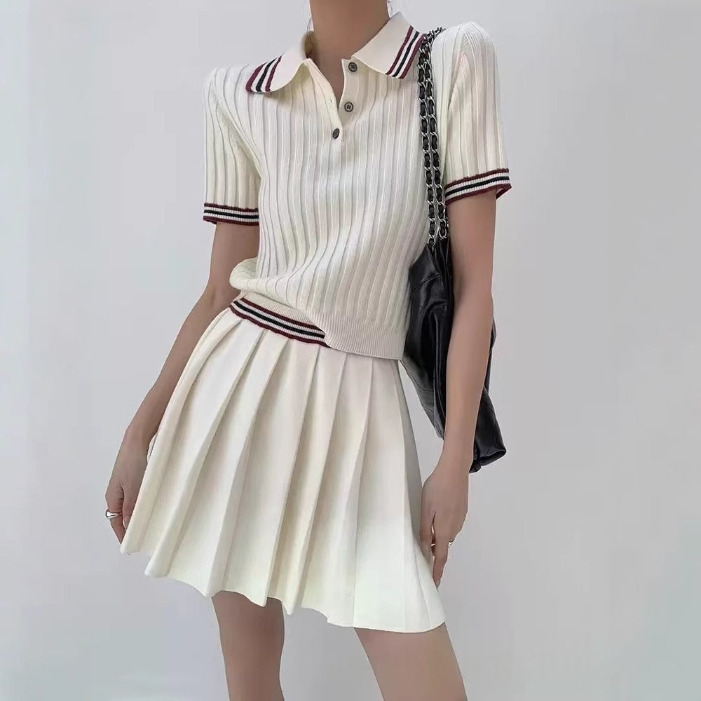 Womens Short Knitted Pleated Skirt Two-Piece Set