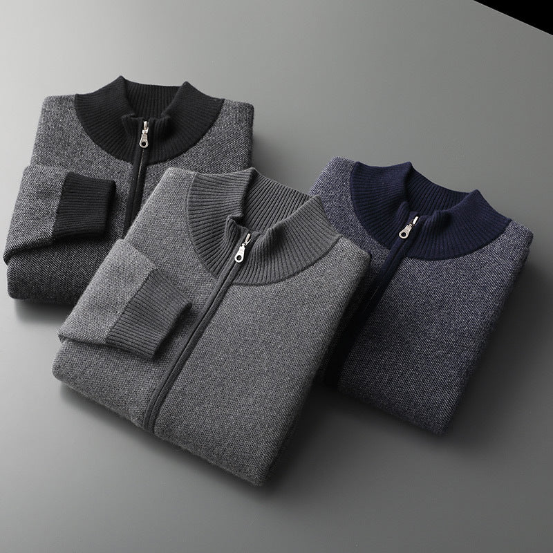 Cashmere Tyk Herre Halv Højhalset Strikket Cardigan med Lynlås