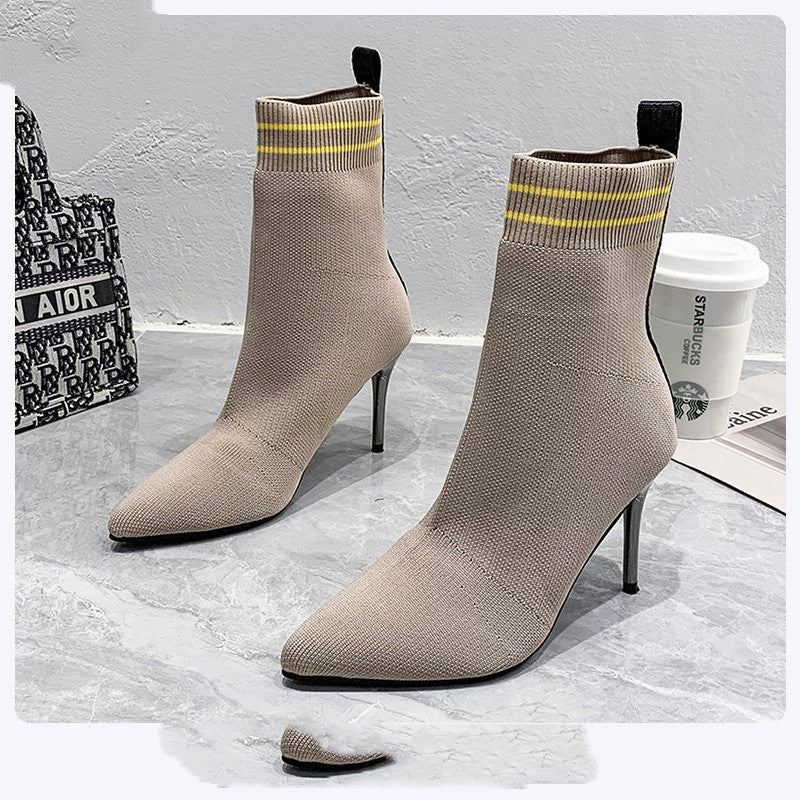 Women's Fashion Pointed Toe Stiletto Flying Knitted Ankle Boots