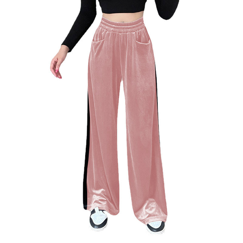 Suede Waistband Versatile Vertical Splicing Straight Trousers