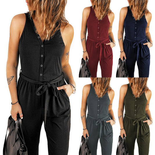 Women's Sleeveless Jumpsuit V-Neck Waist Tie Casual Skinny Pants