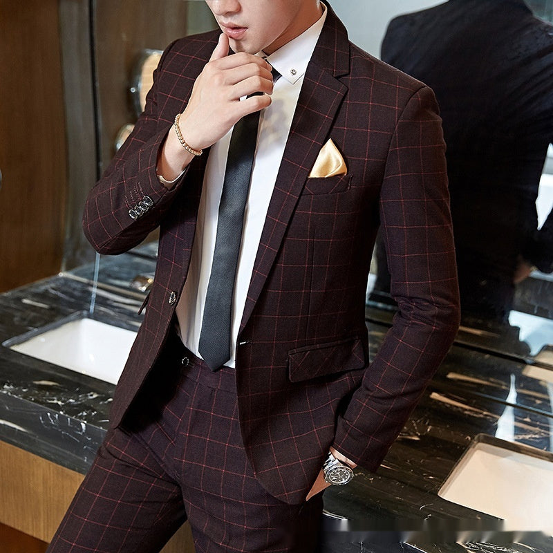 Men's Korean-style Business Suit Slim-fit Plaid Casual Wear