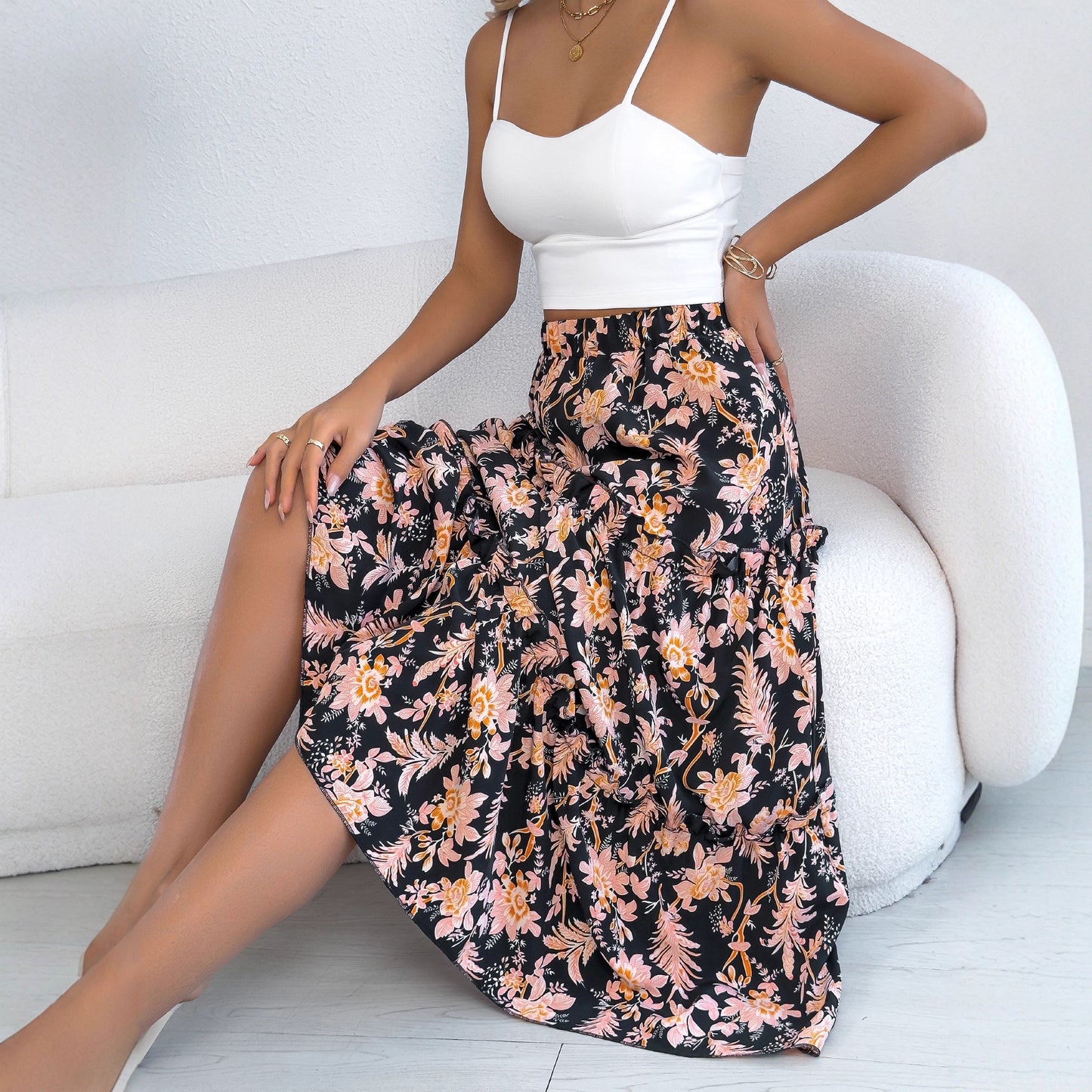 Ladies' Fashion Casual Floral Mid-length Skirt