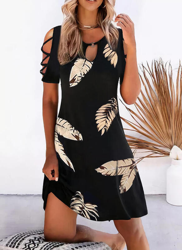 Womens Printed Short-Sleeve Off-Shoulder Casual Vacation Cinched Dress