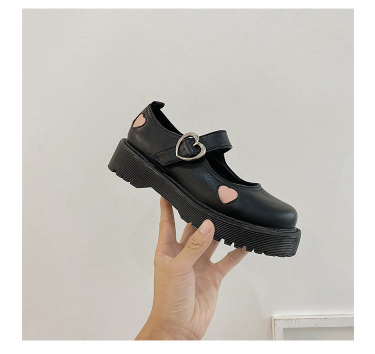 Women's Love Leather Shoes Japanese Harajuku Platform Mary Jane Shoes Retro British Style Round Toe Student