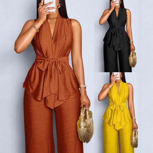 Elegant Solid-color Sleeveless Top With Tie Details And Wide-leg Pants Two-piece Set