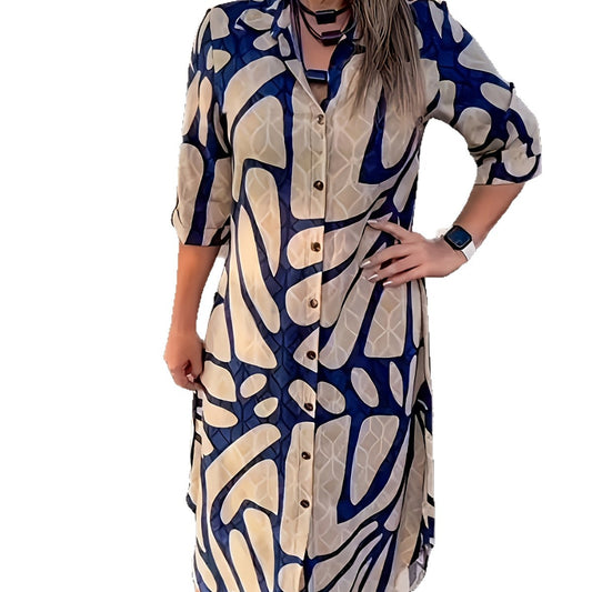 Womens Stylish And Elegant Striped Long-Sleeve Cardigan Long-Button Front Dress