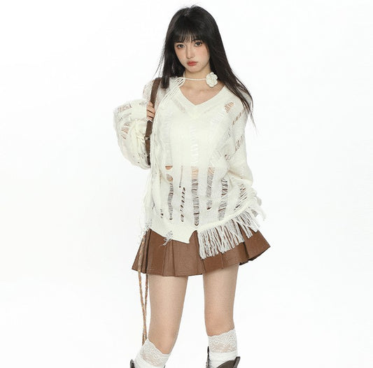Micro Transparent V-neck Sweater Cutout Blouse Long Sleeve Women