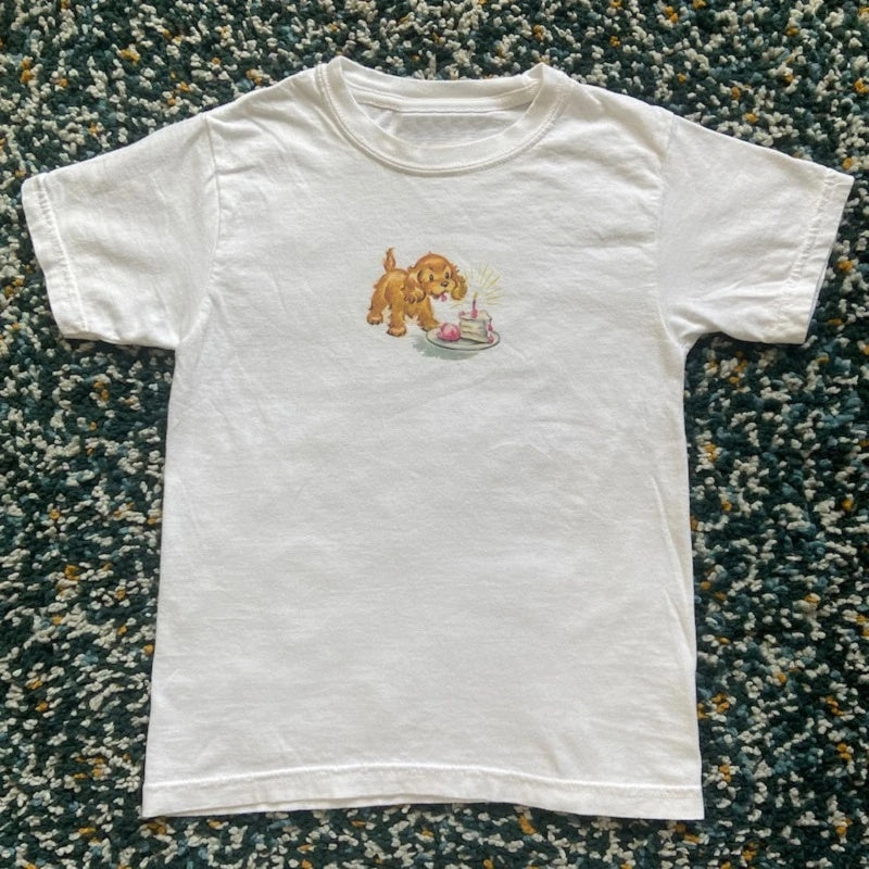 Cute Puppy Printed Slim Top Cropped Round Neck Short Sleeve Pullover