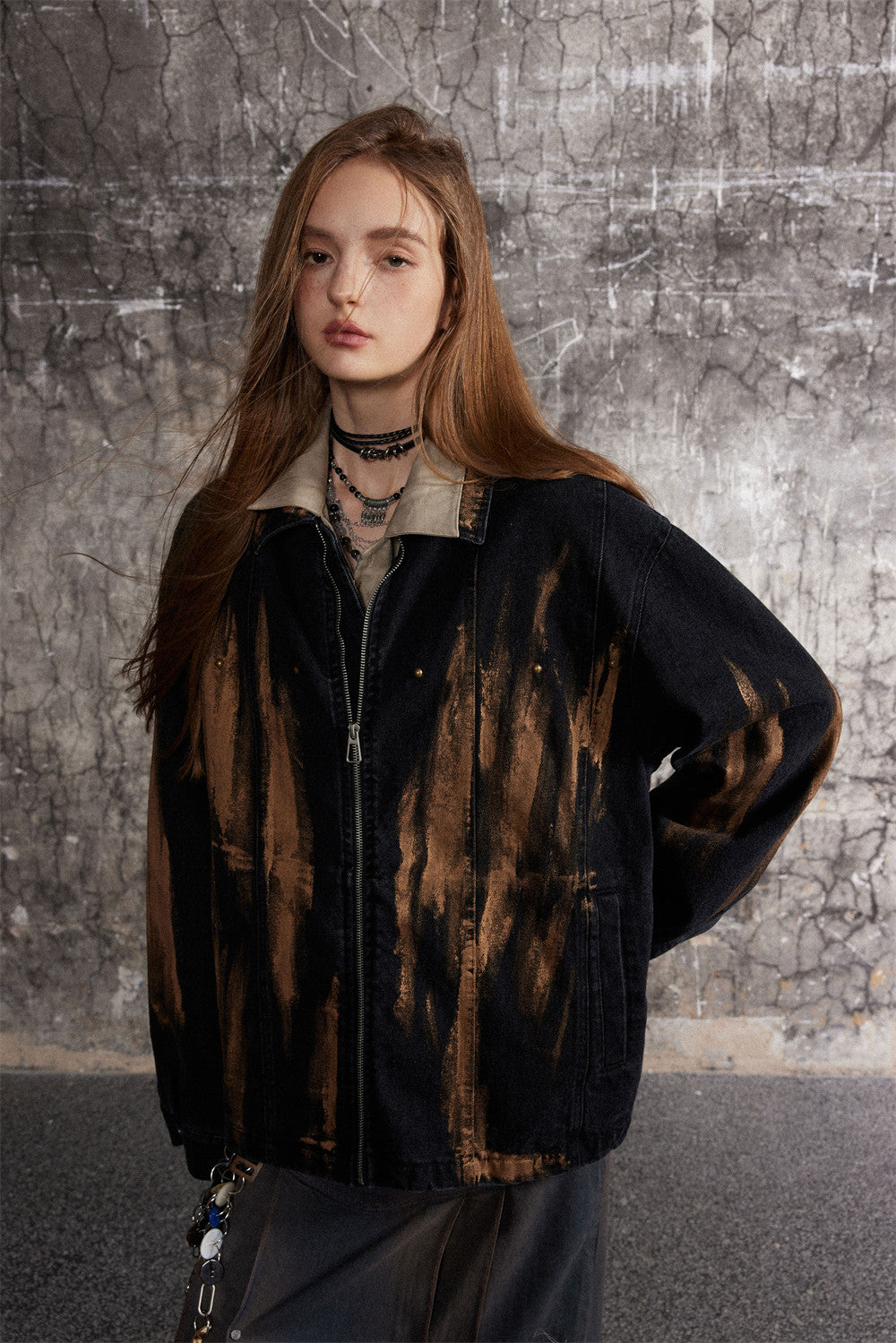 High Street Design Sense Niche Tie-dyed Loose Lapels Zipper Jacket