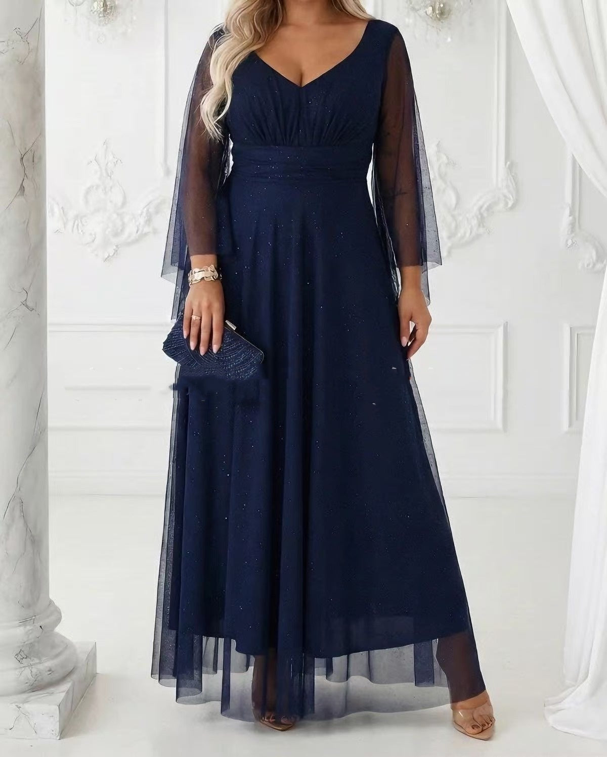 Sequined Fashion Butterfly Sleeve V-Neck Patchwork Mesh Womens Dress