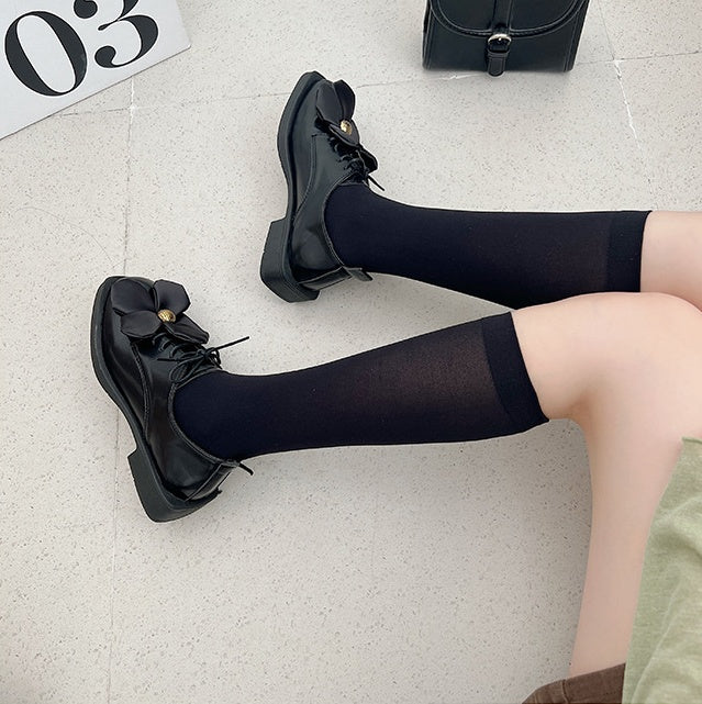 Cowhide Thick Soled Flower Single Shoes Women's Thick Heel Lace-up Leather