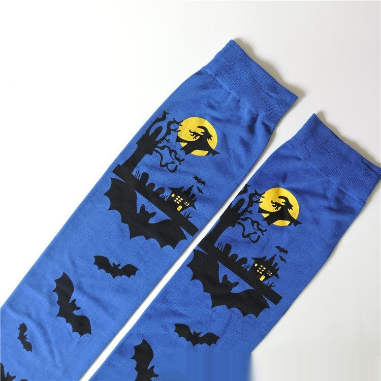 Halloween Printing Craft Spider Web Bat Skull Castle Pattern Over The Knee Stockings