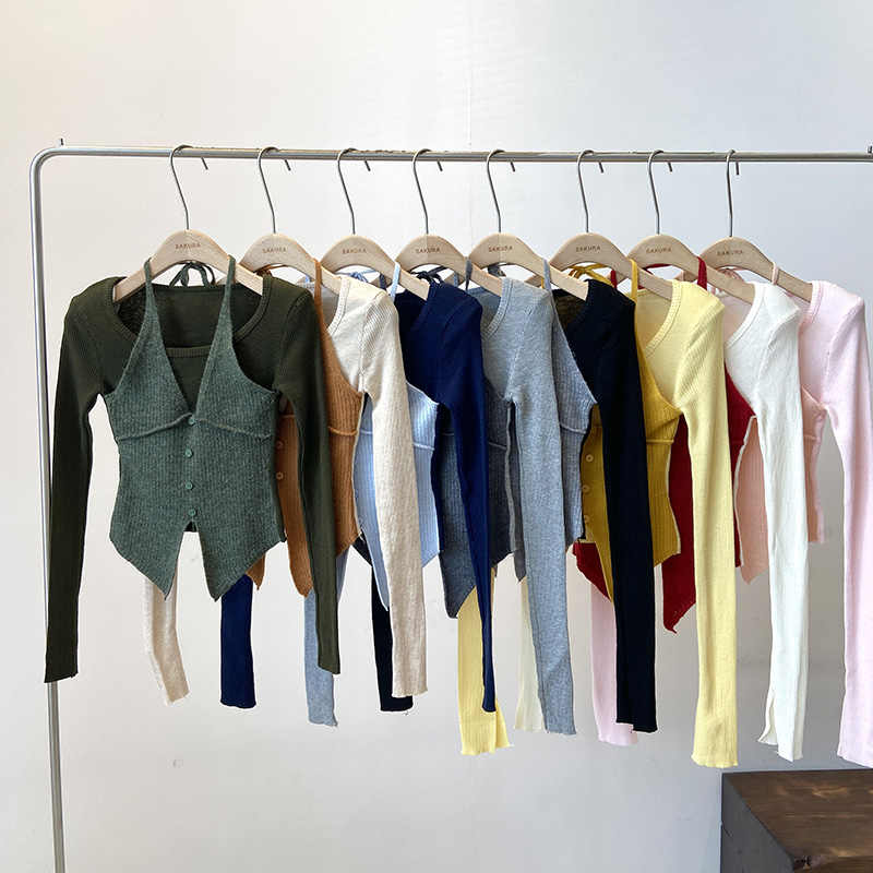 Halter False Two-piece Patchwork Long Sleeve Knitwear T-shirt Top