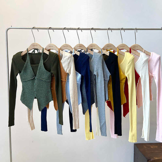 Halter False Two-piece Patchwork Long Sleeve Knitwear T-shirt Top
