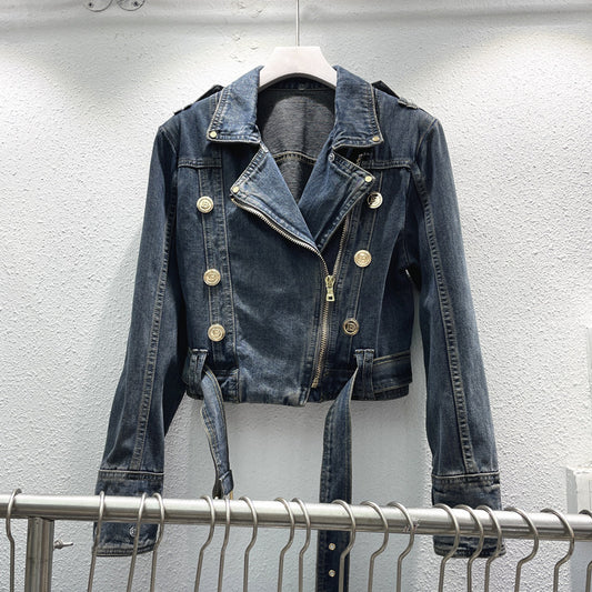 Fashion Denim Jacket Women's Retro High Waist Crop Top