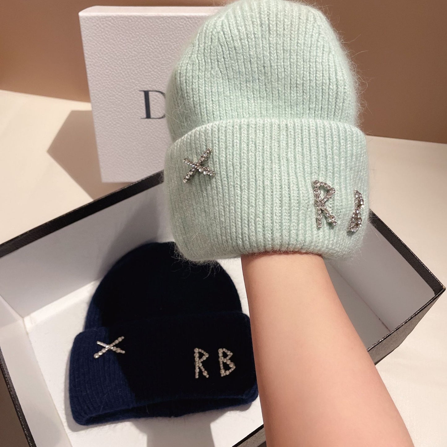 Winter RB Letter Fashion Rabbit Fur Knitted Warm Hat Female