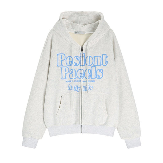Women's Letter Hooded Sweater Cardigan Casual Jacket With Velvet