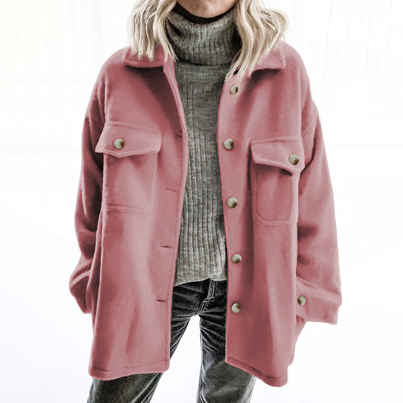 Women's Solid Color Pocket-breasted Lapel Woolen Coat