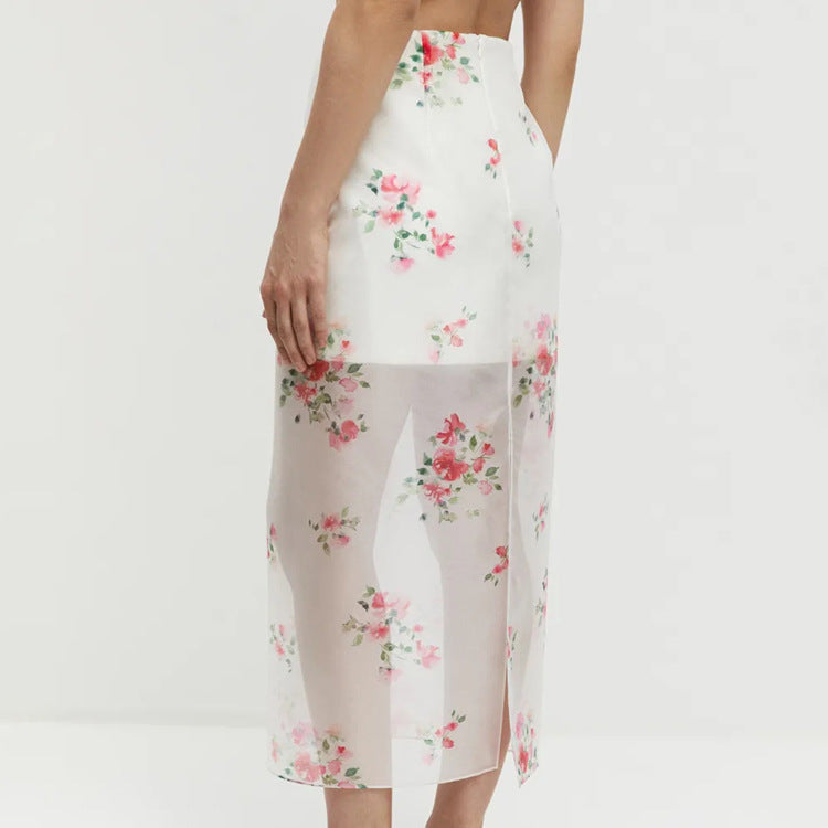 New Digital-print Sheer High-waist Split Skirt