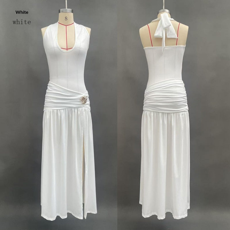 Womens Halterneck Backless Slim Fit Solid Color Split Dress