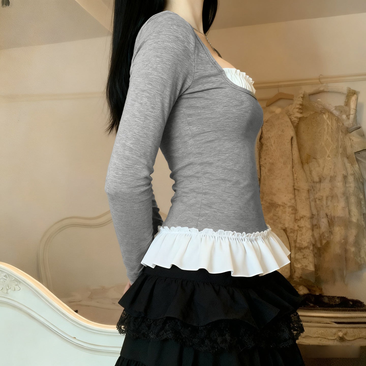 Women's Casual Fake Two-Piece Lace Long Sleeve T-Shirt