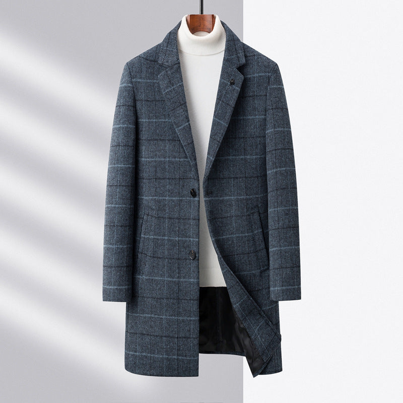 Autumn And Winter Woolen Coat Men's Mid-length Business Casual Plaid Cotton And Thickening Woolen Coat