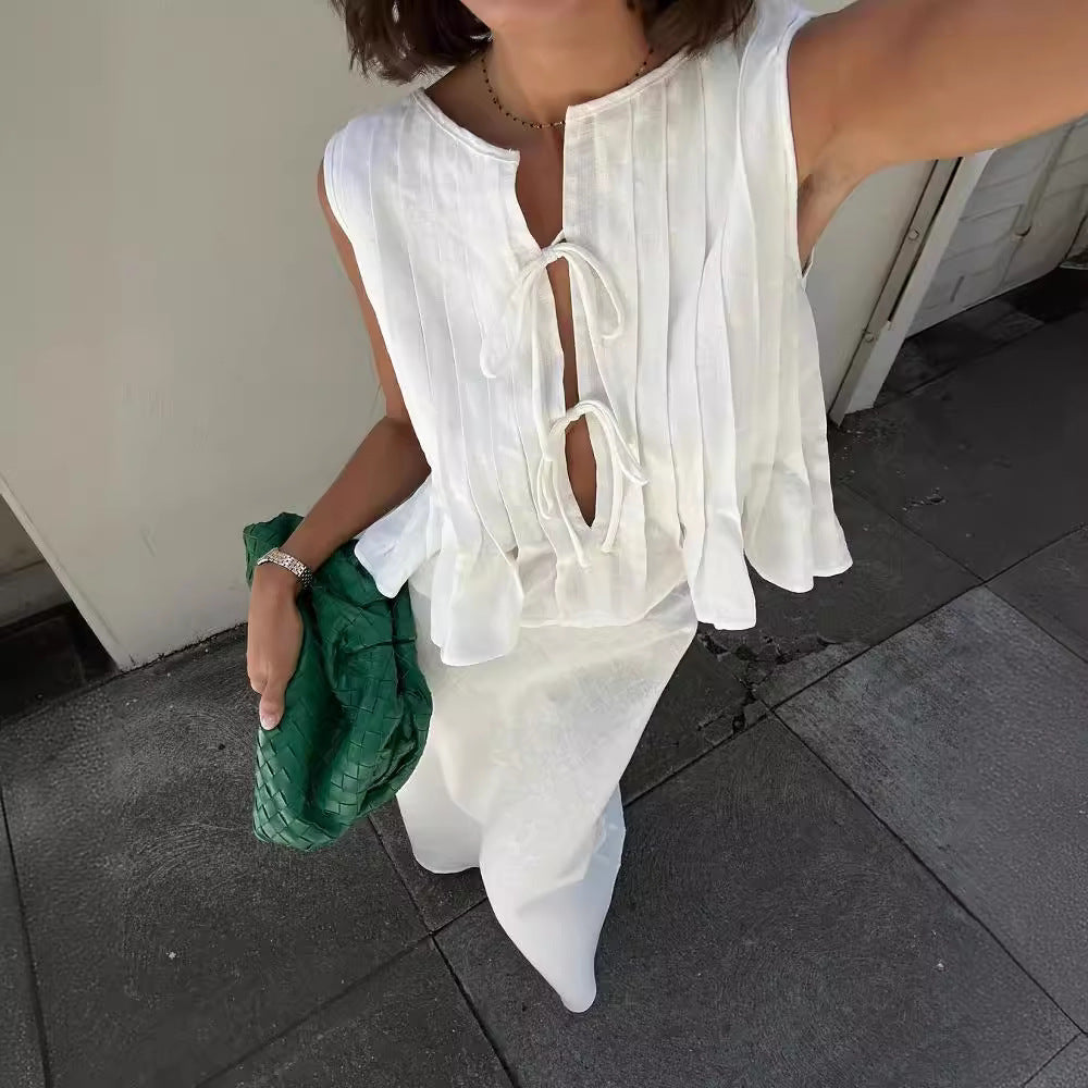 Breathable Cotton-Linen Sleeveless Bandage Womens Shirt Dress