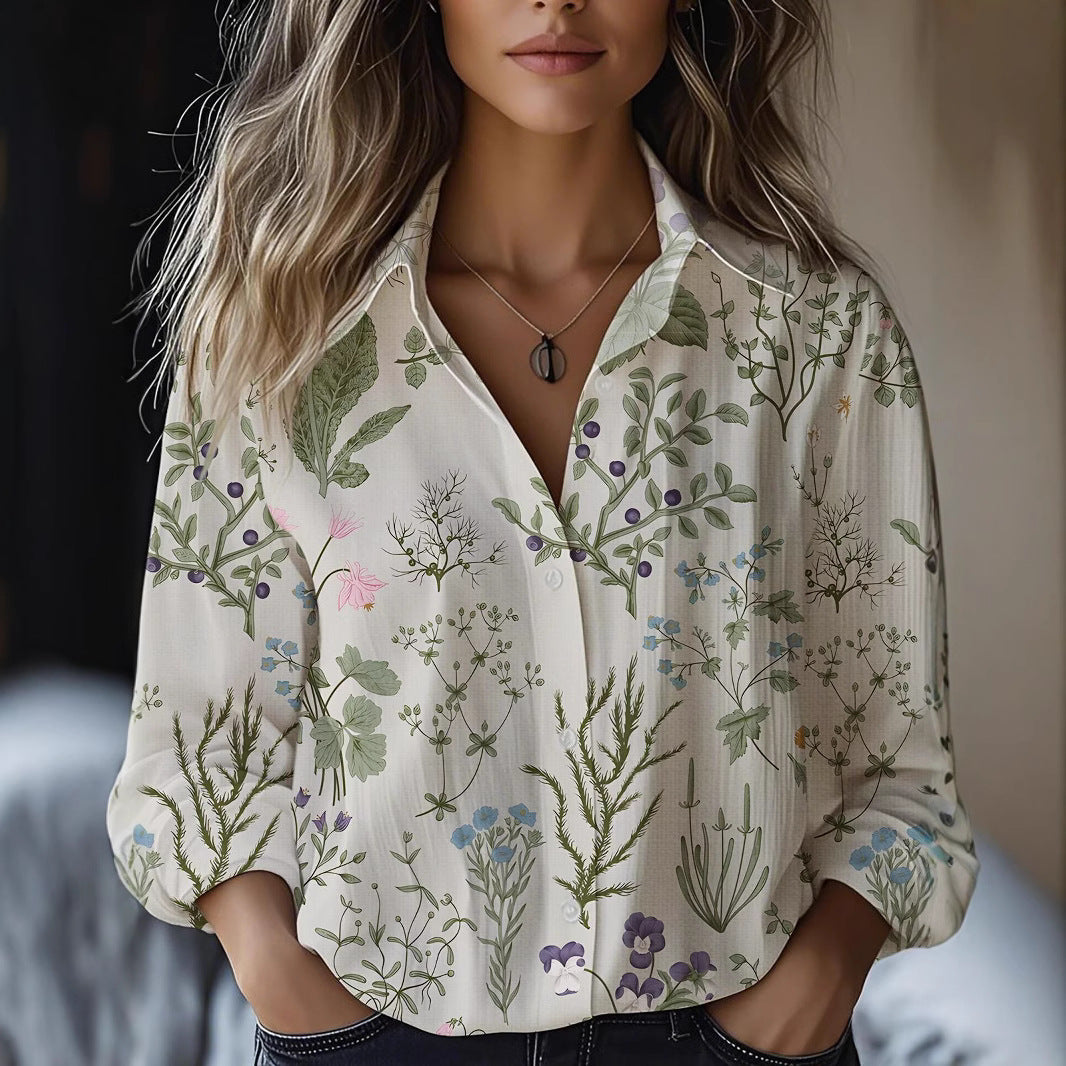 Floral-print Long-sleeve Shirt Delicate Linen Casual Blouse