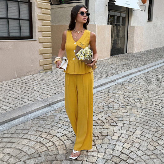 Women's V Neck Solid Color Sleeveless Jacket Set