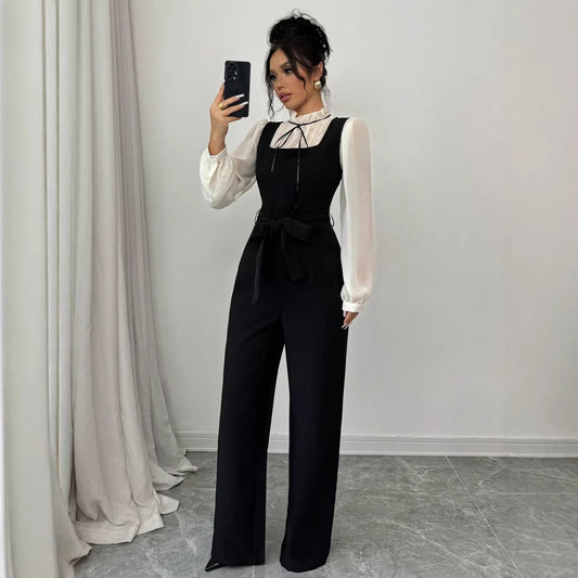 Womens Elegant Color Block Shirt Jumpsuit Set
