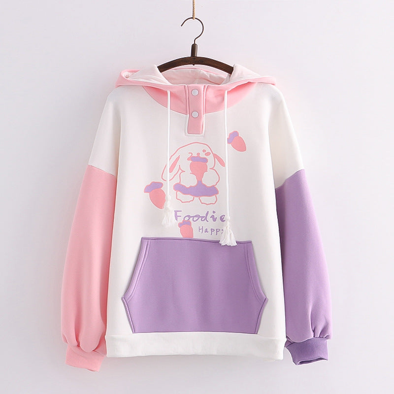 Women's Colorblock Large Pocket Print Hooded Fleece Sweatshirt
