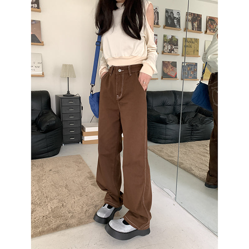 Women's Autumn And Winter Brown Wide-leg Jeans