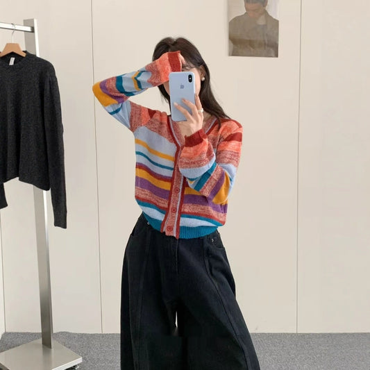 Women's Rainbow Knitted Cardigan Women's V-neck Sweater