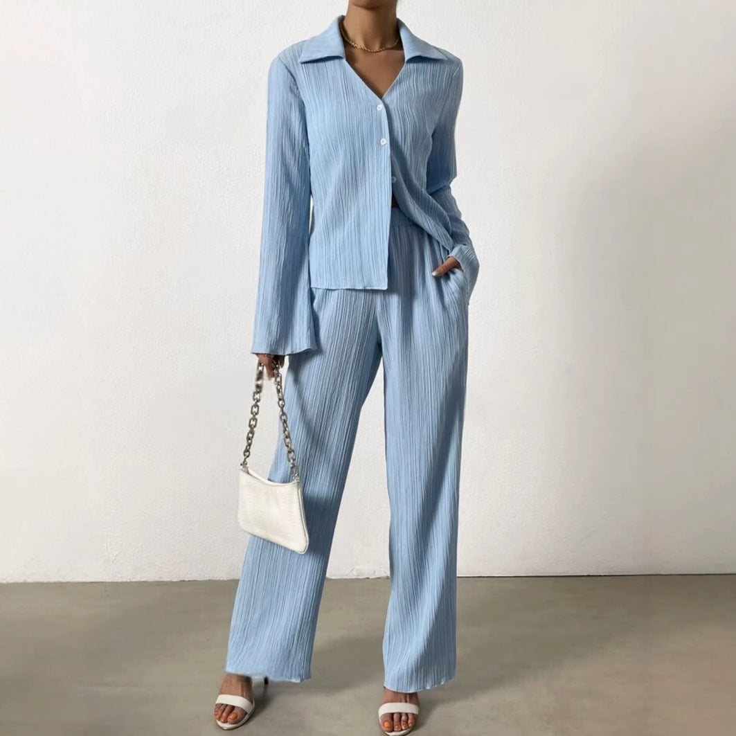 Solid-color Pleated Fashion Long-sleeve Shirt And Wide-leg Pants Casual Set