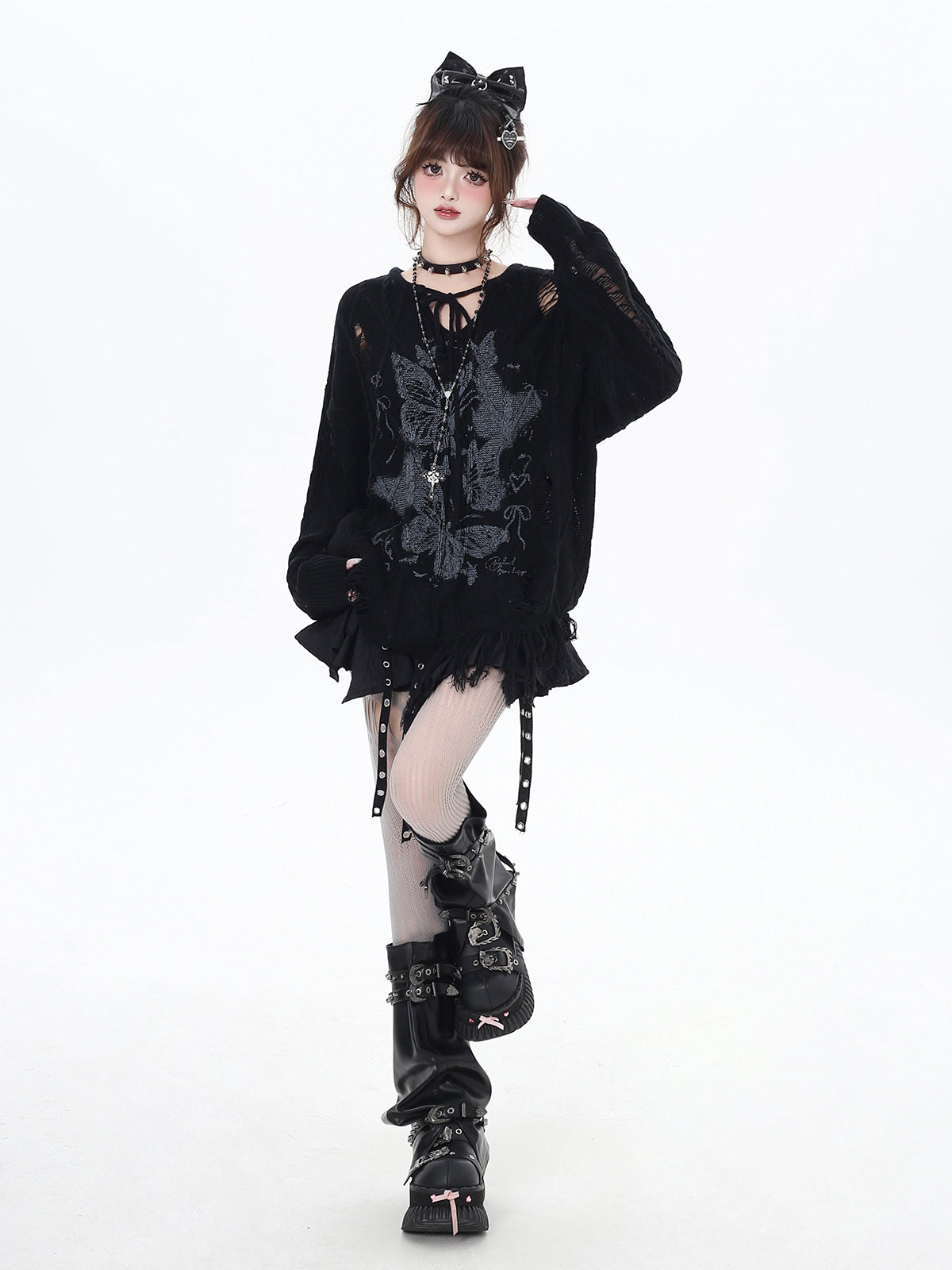 Ripped Retro Butterfly Printed V-neck Hollow Long Sleeve Knitted Sweater