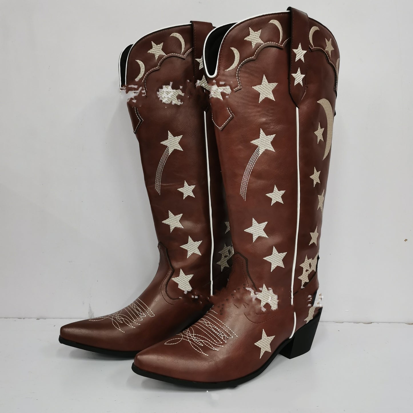 Thick Mid Heel Sleeve Western Star Moon Leather High Leg Boot