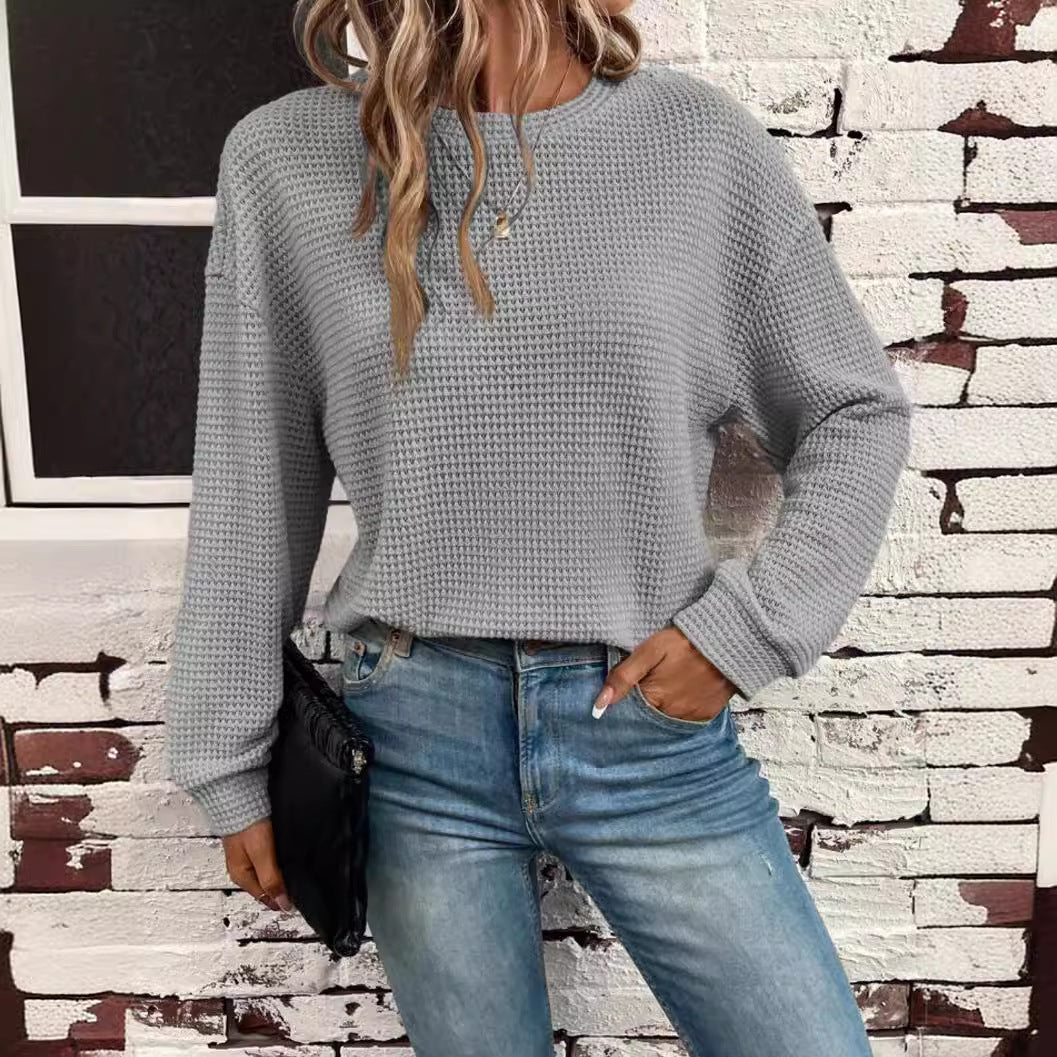 Dame Strikket Rundhals Langærmet Løs Pullover Top