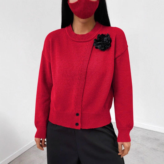 Dame Premium Elegant Ensfarvet Knap Blå Blomst Strikket Pullover