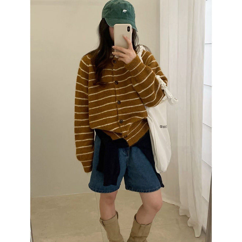 Mixed Color Stripe Long Sleeve Women's Sweater Jacket