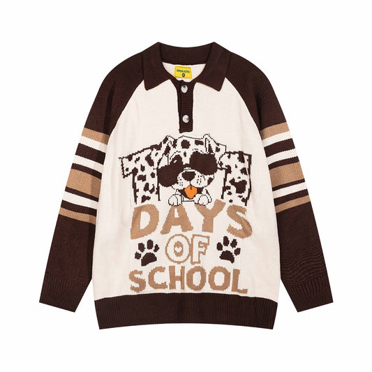 Retro Puppy Jacquard Polo Collar Contrast Color Sweater Lapel Knitwear
