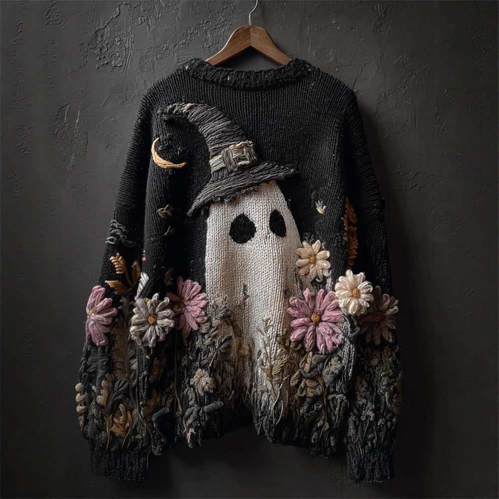 Dame Moderigtig Retro Printet Sweater Med Rund Hals