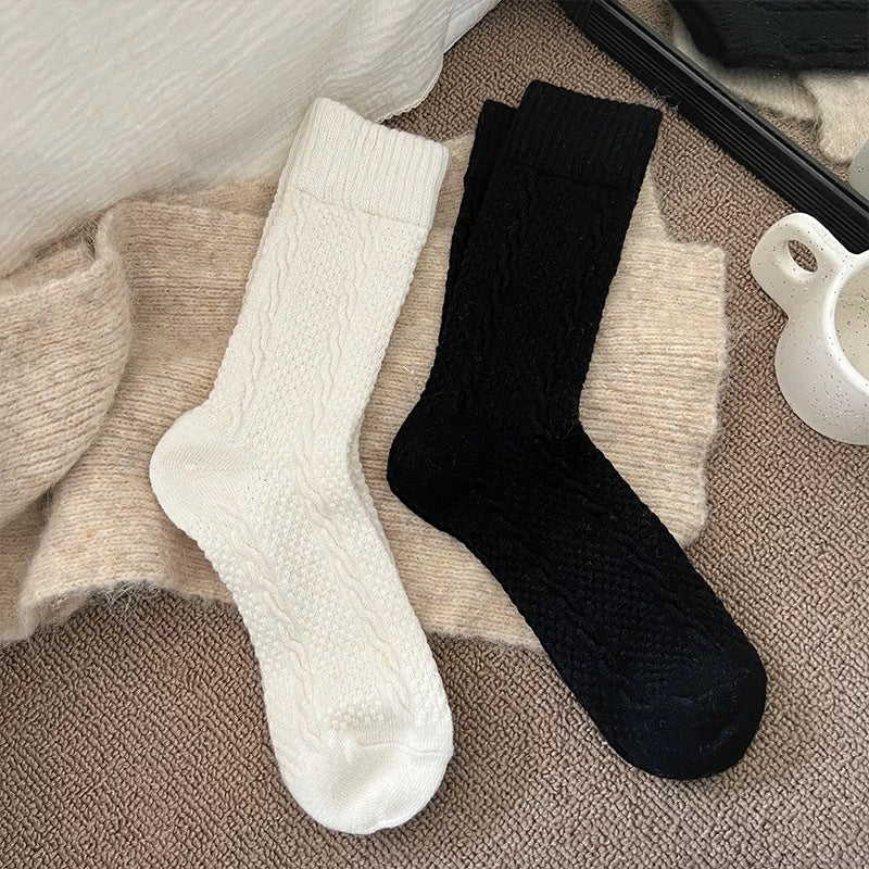 Womens Cable-Knit Wool-Blend Thickened Fleece-Lined Plush Warm Sleep Socks For Winter