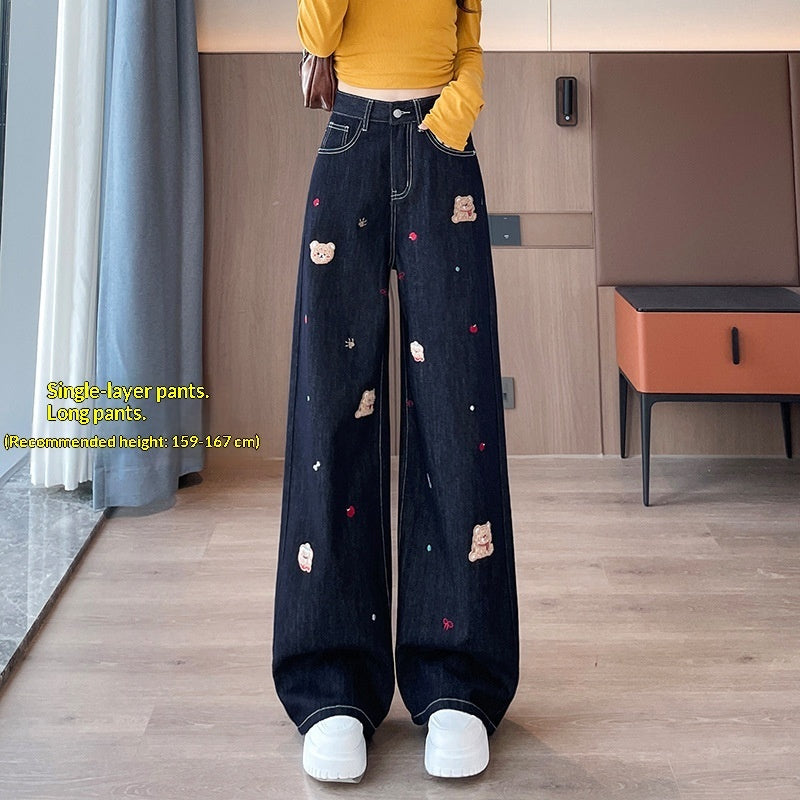 FallWinter Cartoon Embroidered Wide-Leg Straight Jeans