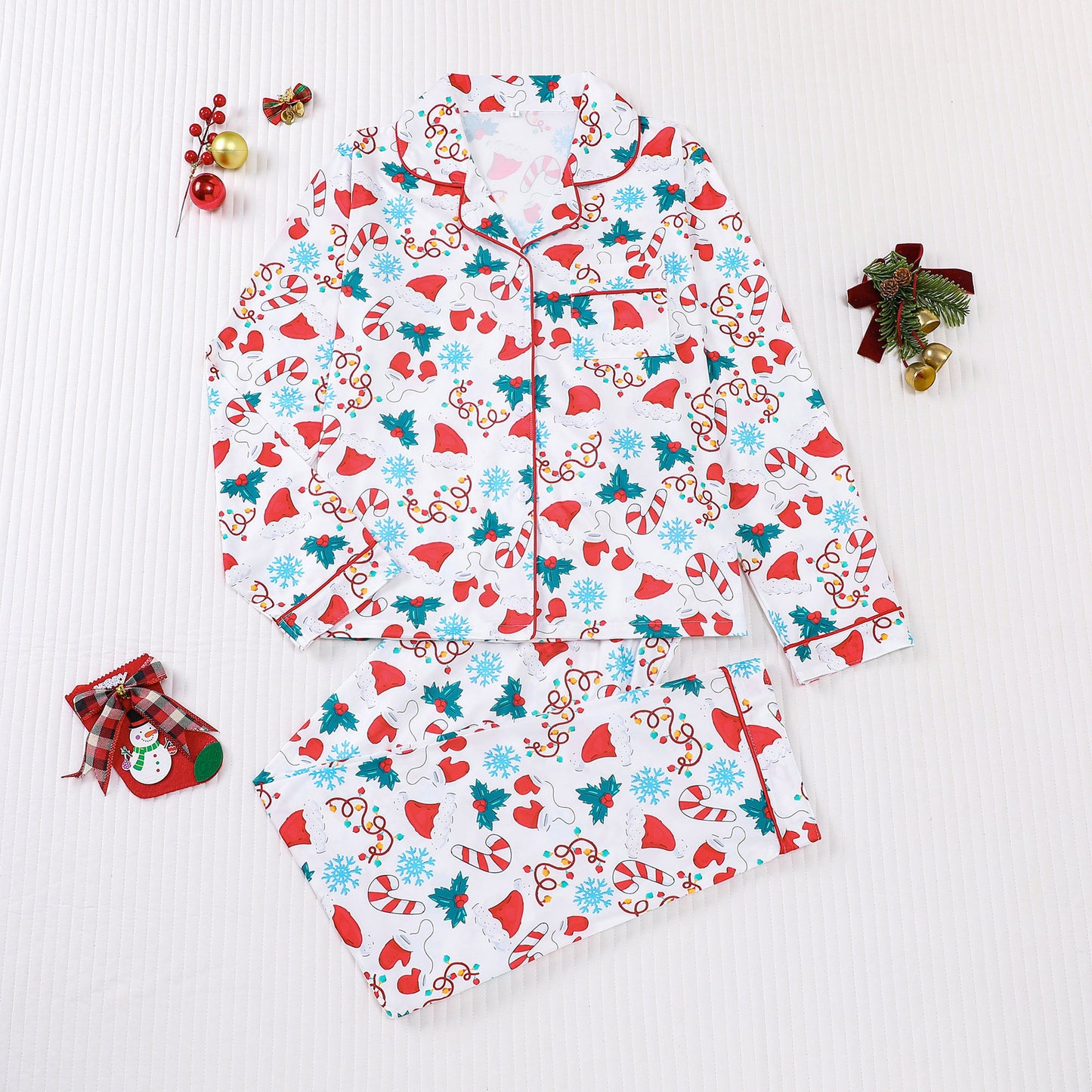 Women's Pajamas Four Seasons Christmas Printing Lapel Long Sleeve