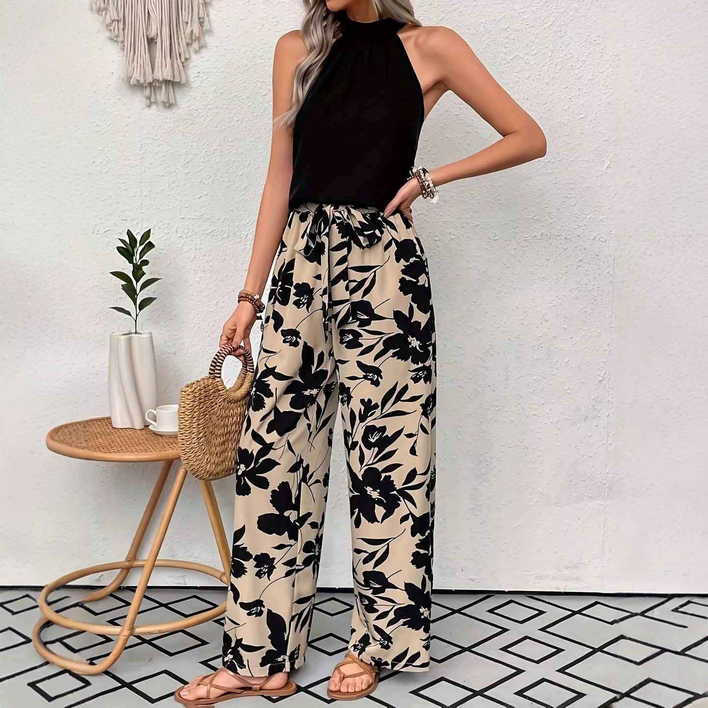 Comfortable Printed Pants Elastic Waist Wide-Leg Pants Womens Casual Trousers