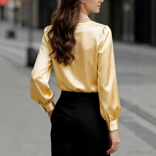 Women's Elegant Solid Color V-neck Long Sleeved Pleated Top With Temperament For Commuting And Loose Fitting Shirt
