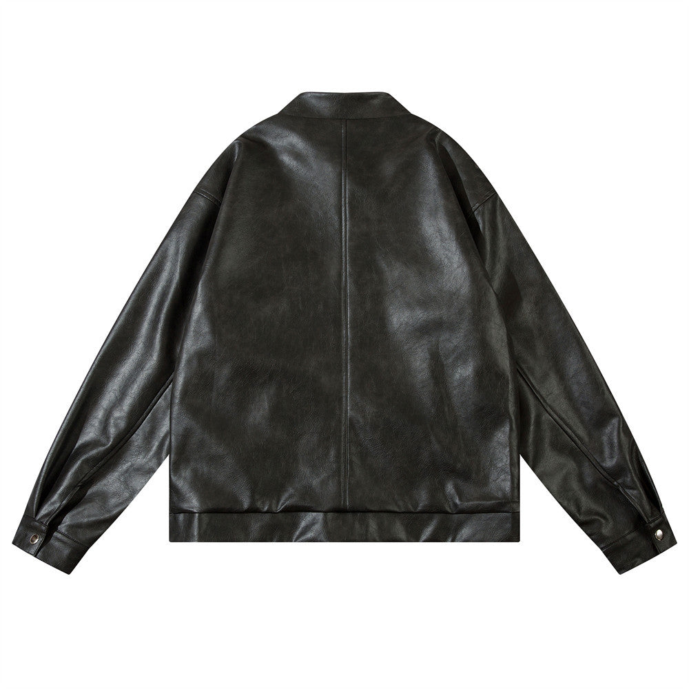 Men's Embroidered Stand Collar Pu Leather Jacket